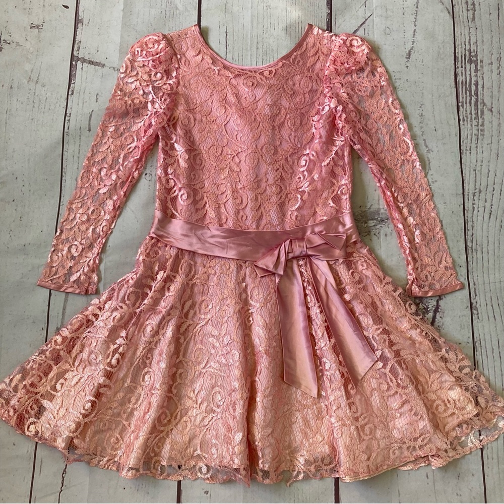 Vintage JCPenney Girls Dress Sz 7 Shiny Pink Satin Lace Long Sleeve USA Flaws